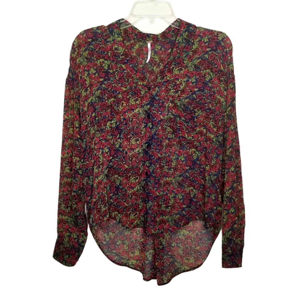 Free People Sheer Rose Floral Hi-low Button up